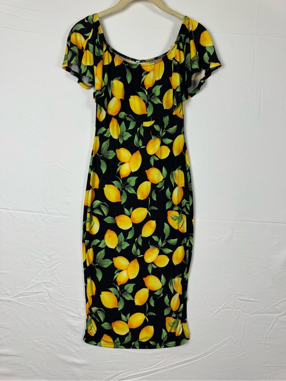 Off-Shoulder Black Lemon Print Bodycon Stretchy Soft Midi Dress Small